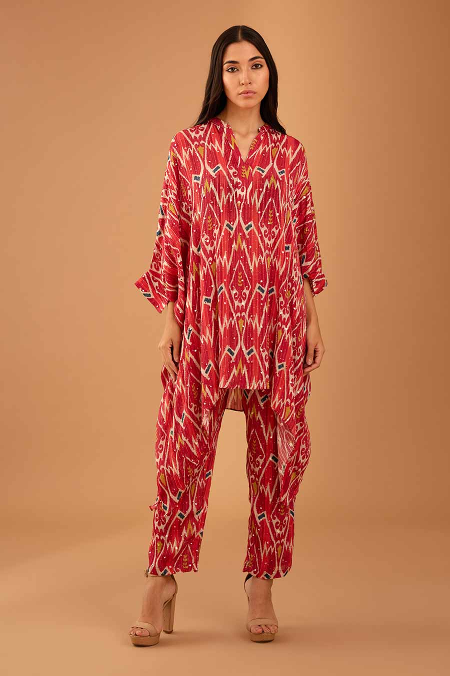 Red Mirror Work Short Kaftan & Pant Set