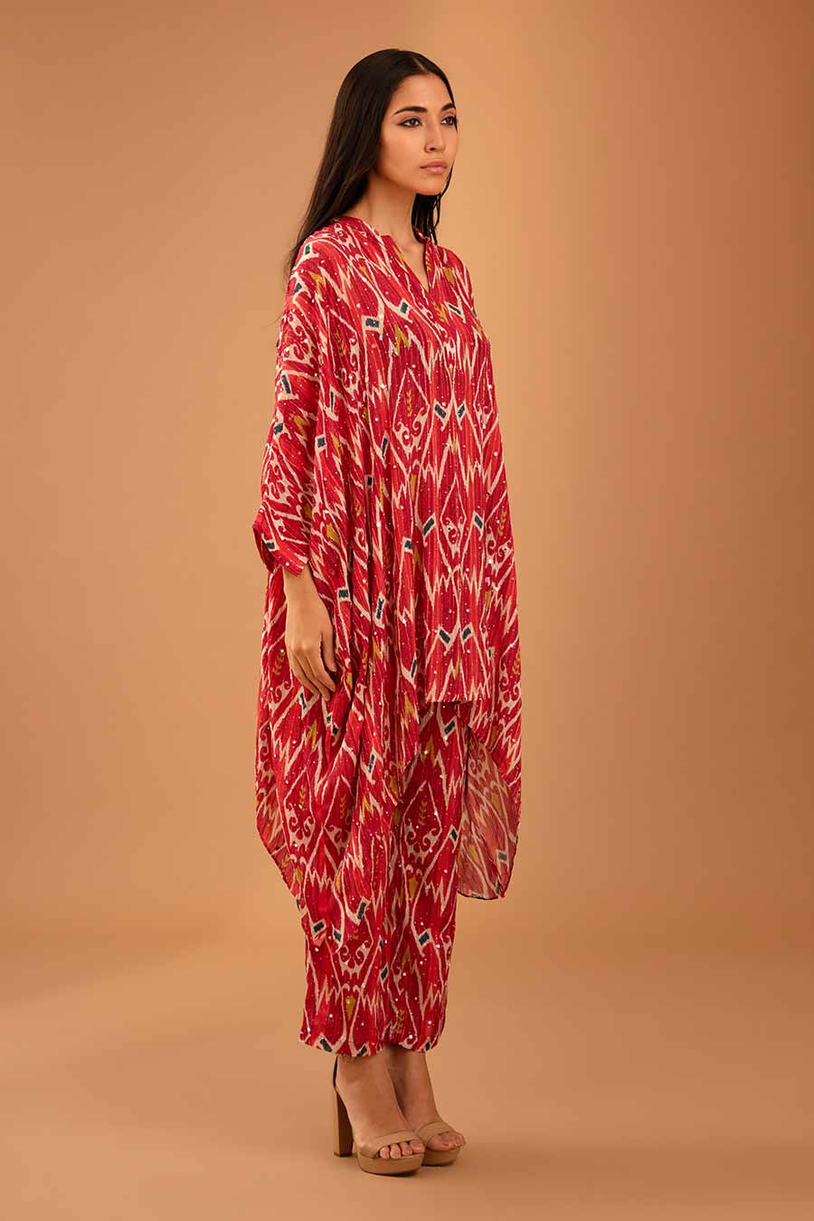 Red Mirror Work Short Kaftan & Pant Set