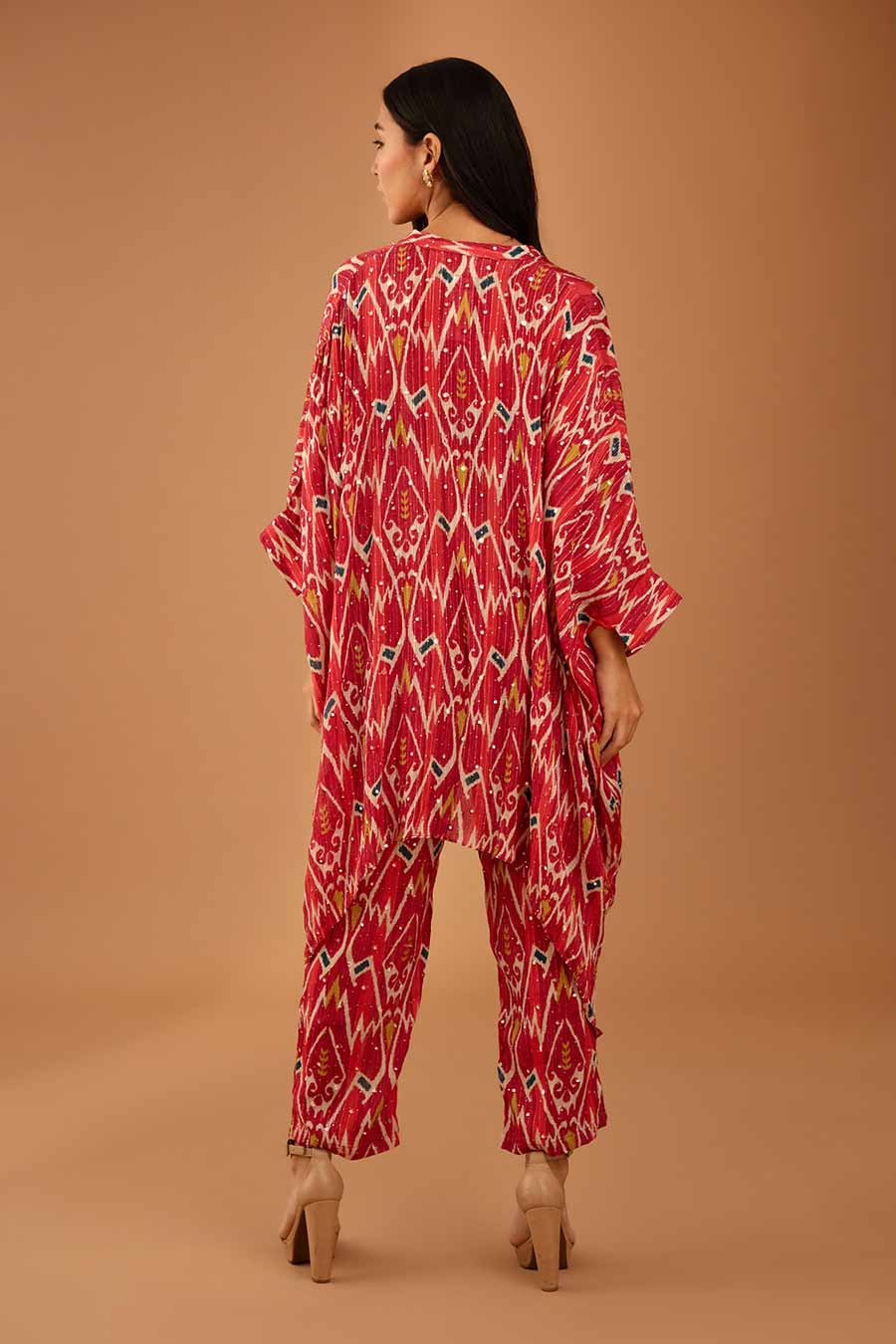 Red Mirror Work Short Kaftan & Pant Set