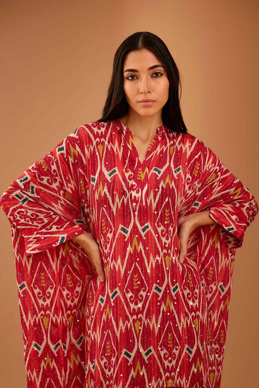 Red Mirror Work Short Kaftan & Pant Set