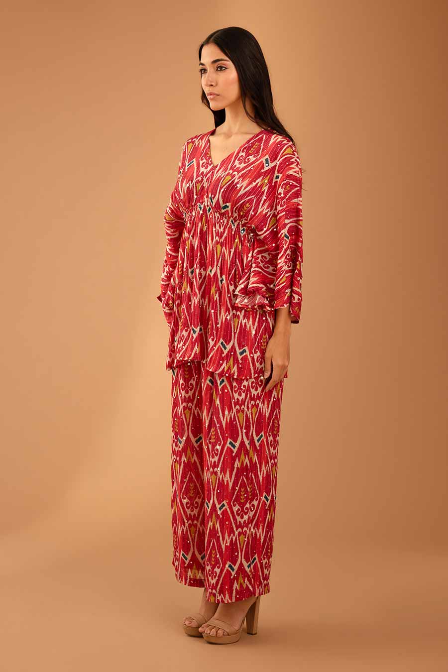 Red Mirror Work Smocked Top & Pant Set