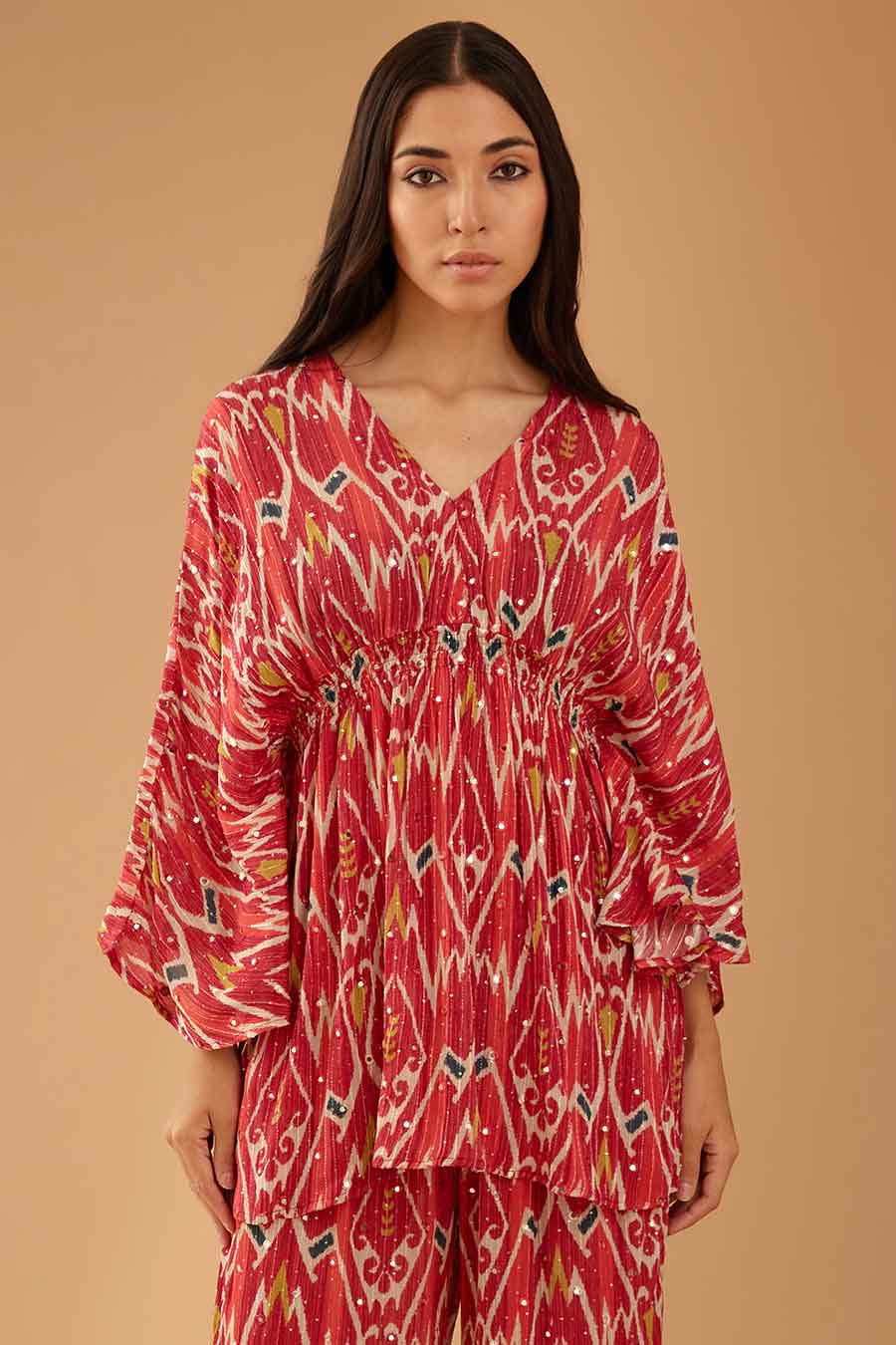 Red Mirror Work Smocked Top & Pant Set