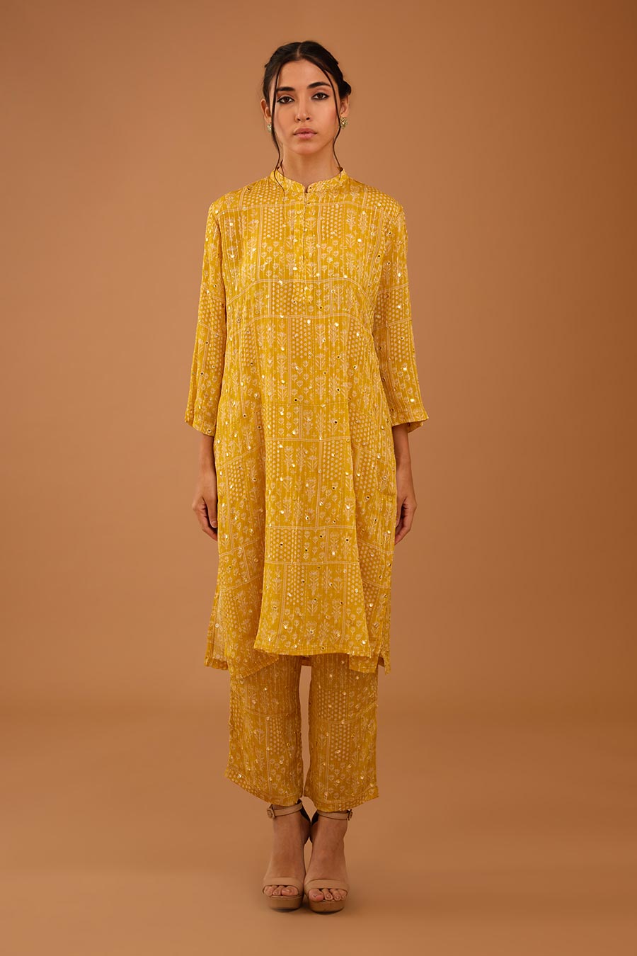 Yellow Mirror Work Band Kurta & Pant Set