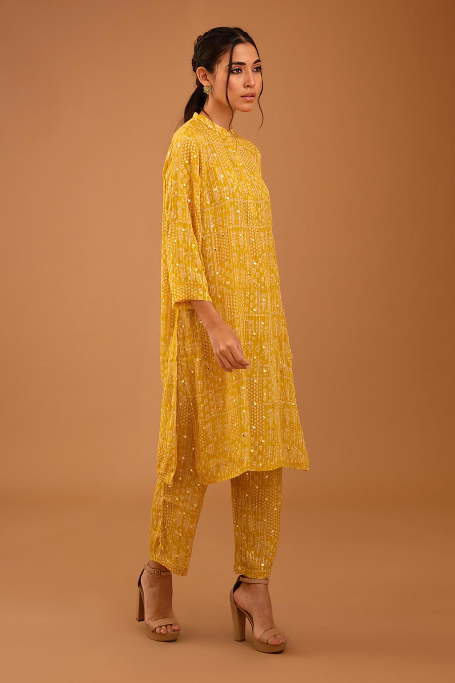 Yellow Mirror Work Band Kurta & Pant Set