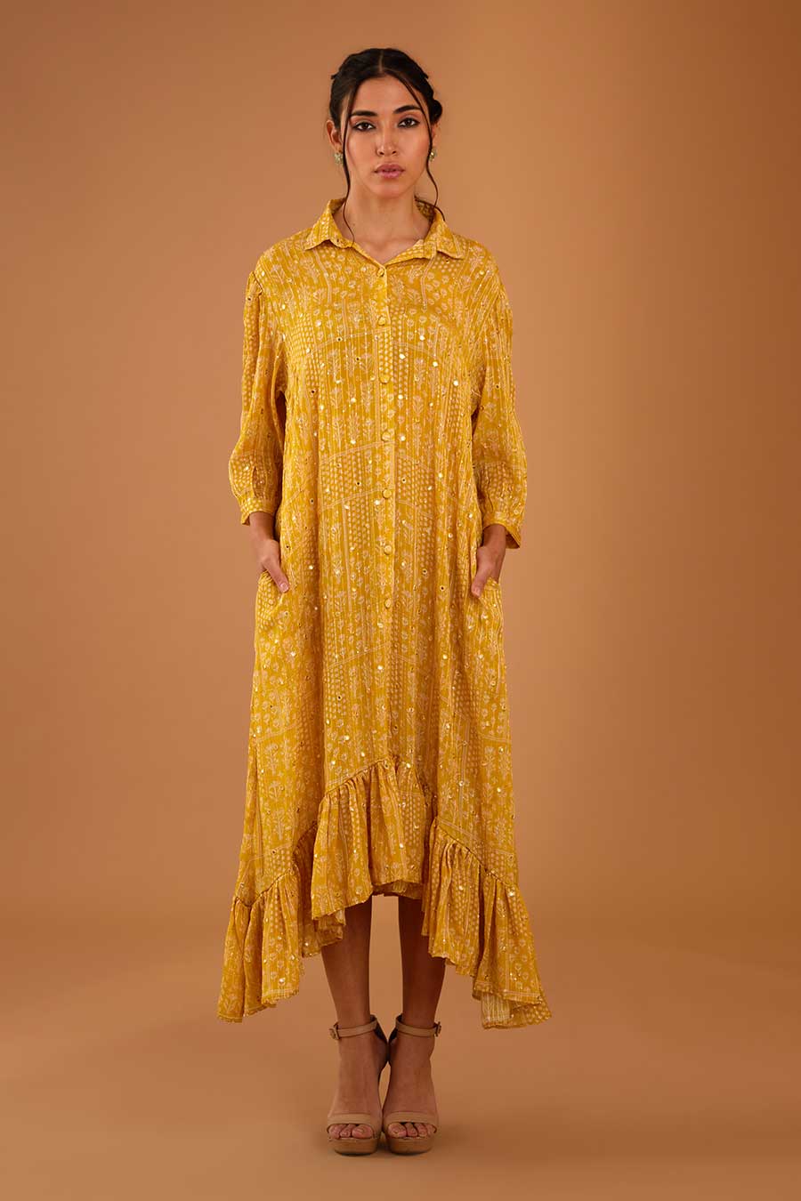 Yellow Mirror Work Asymmetrical Dress