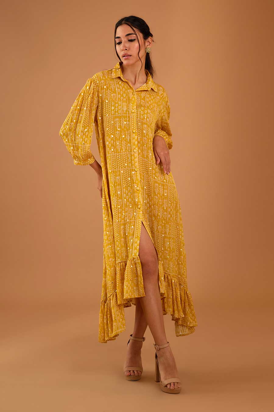 Yellow Mirror Work Asymmetrical Dress