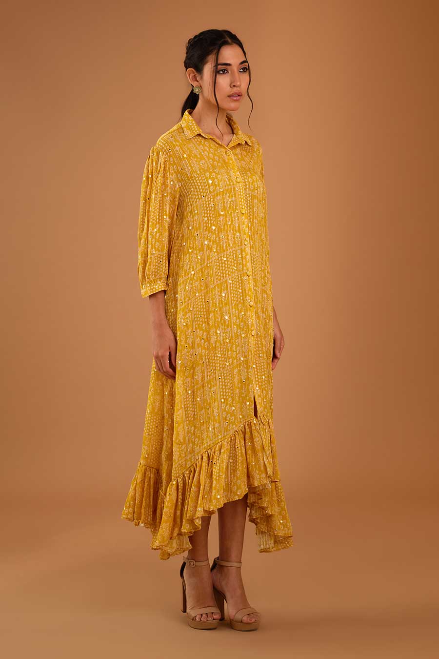 Yellow Mirror Work Asymmetrical Dress