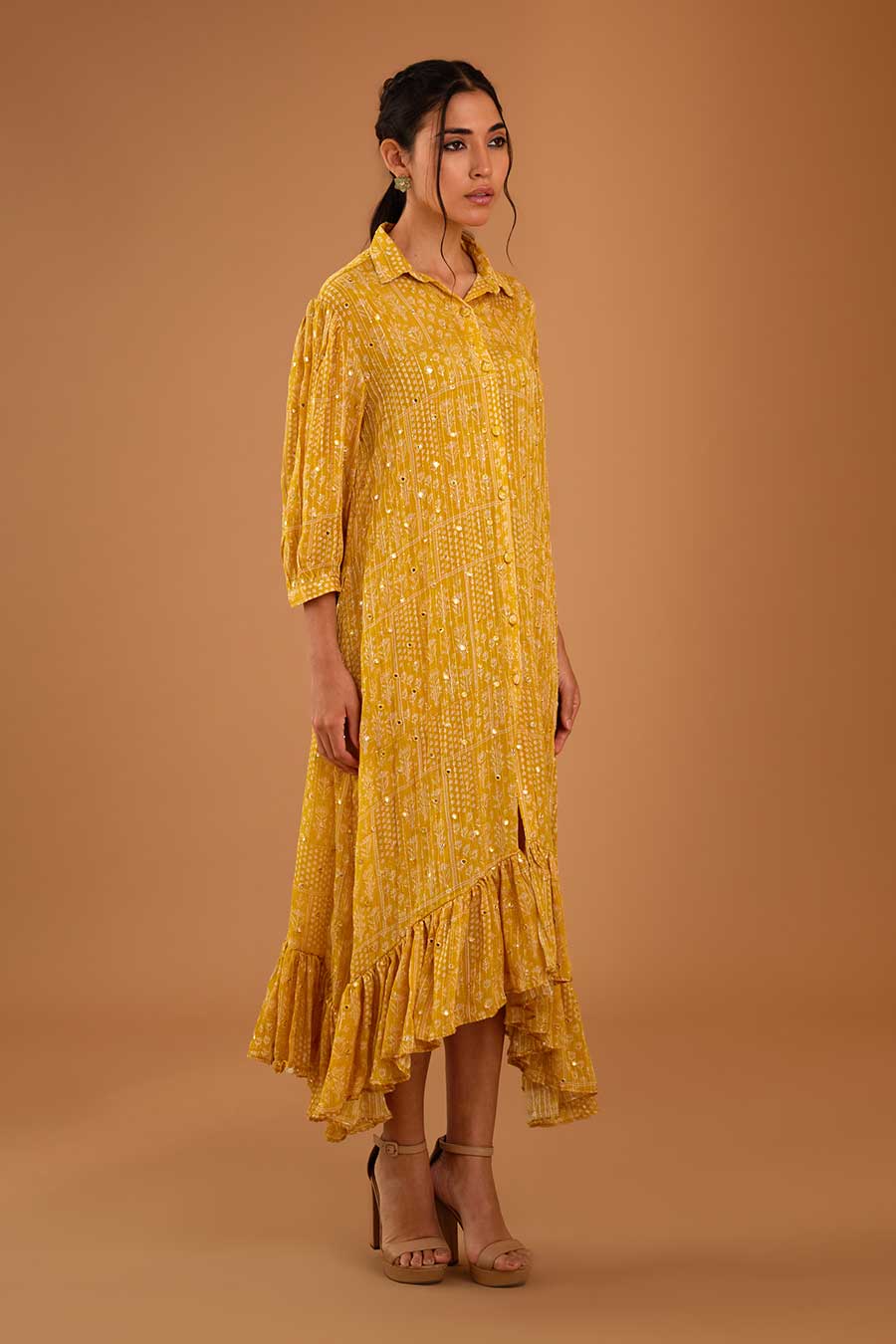 Yellow Mirror Work Asymmetrical Dress