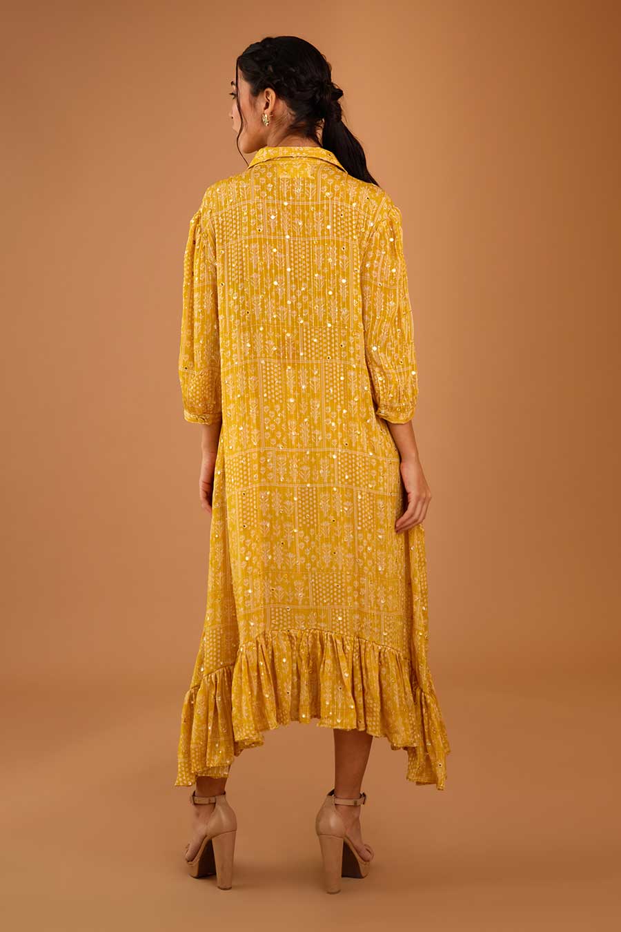 Yellow Mirror Work Asymmetrical Dress