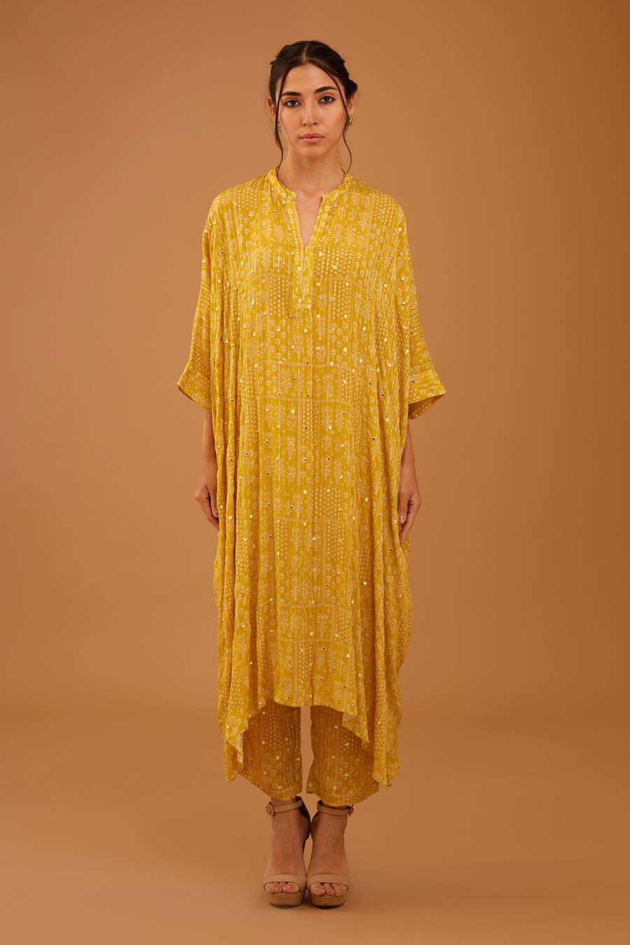 Yellow Mirror Work Long Kaftan & Pant Set