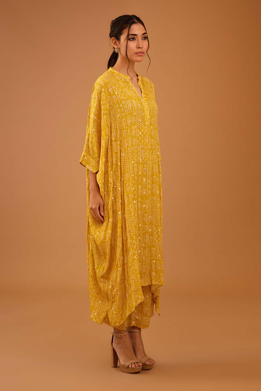 Yellow Mirror Work Long Kaftan & Pant Set