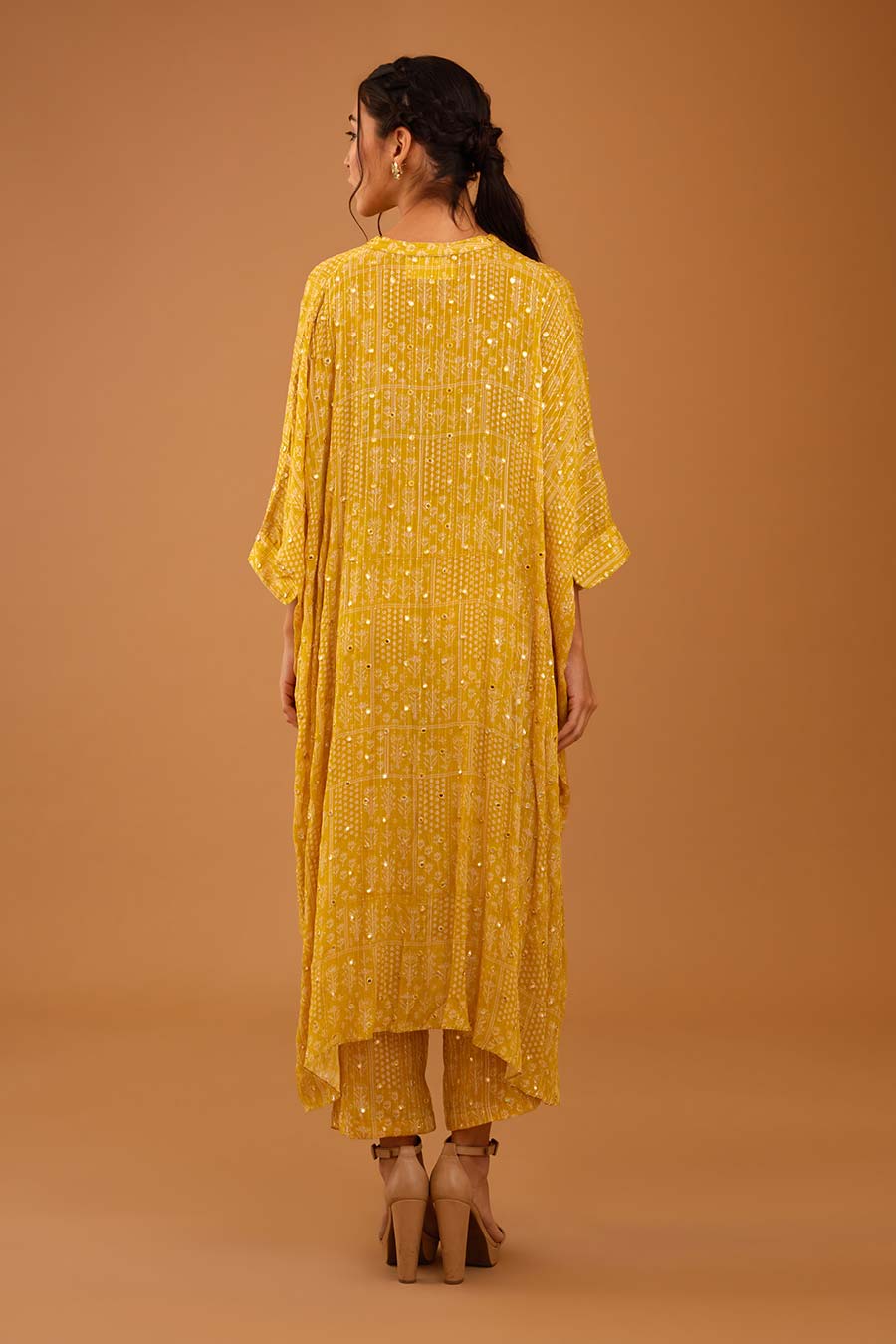 Yellow Mirror Work Long Kaftan & Pant Set