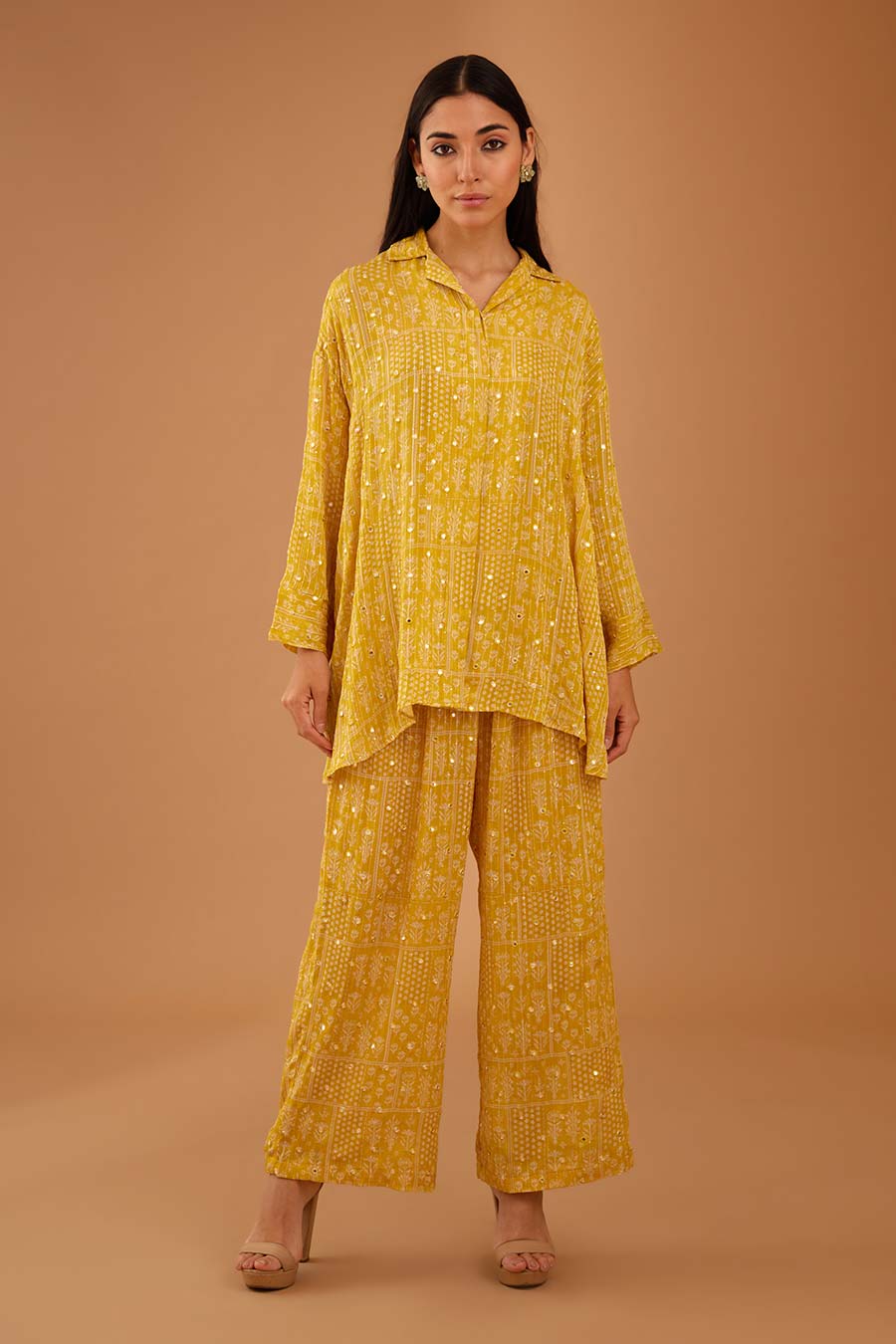 Yellow Mirror Work MJ Shirt & Pant Set