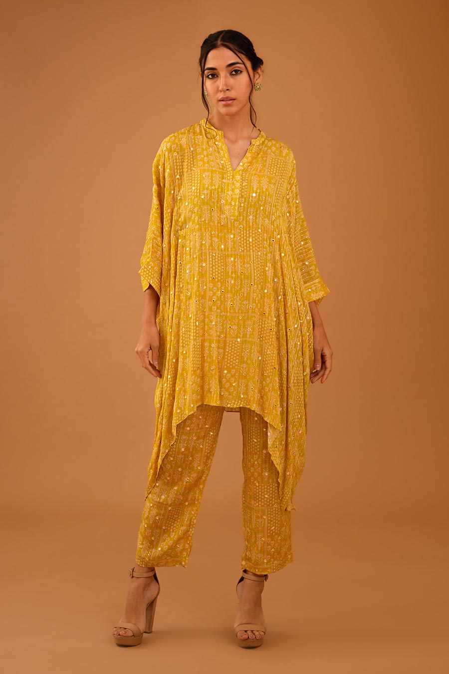 Yellow Mirror Work Short Kaftan & Pant Set