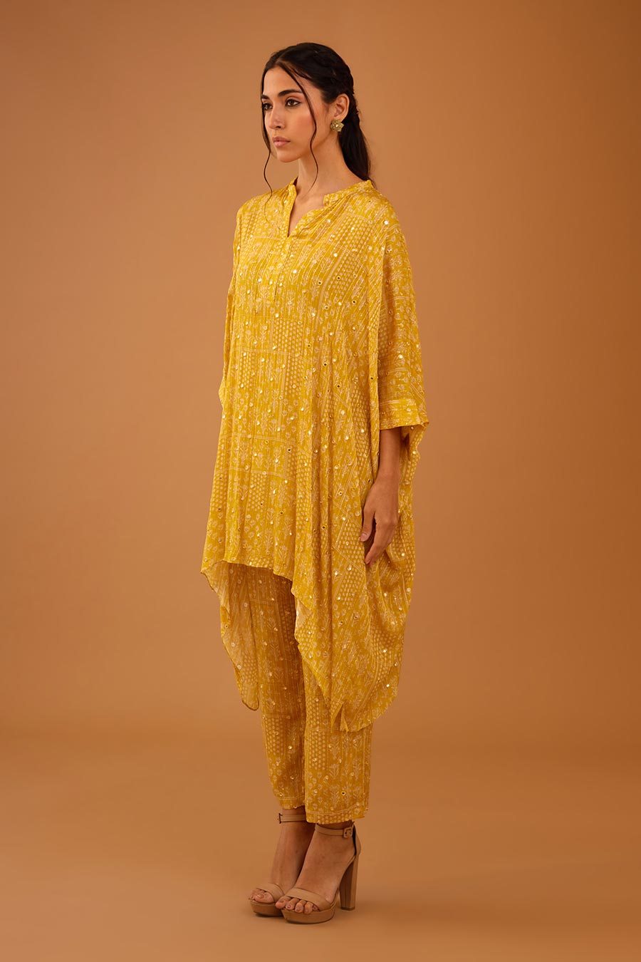 Yellow Mirror Work Short Kaftan & Pant Set