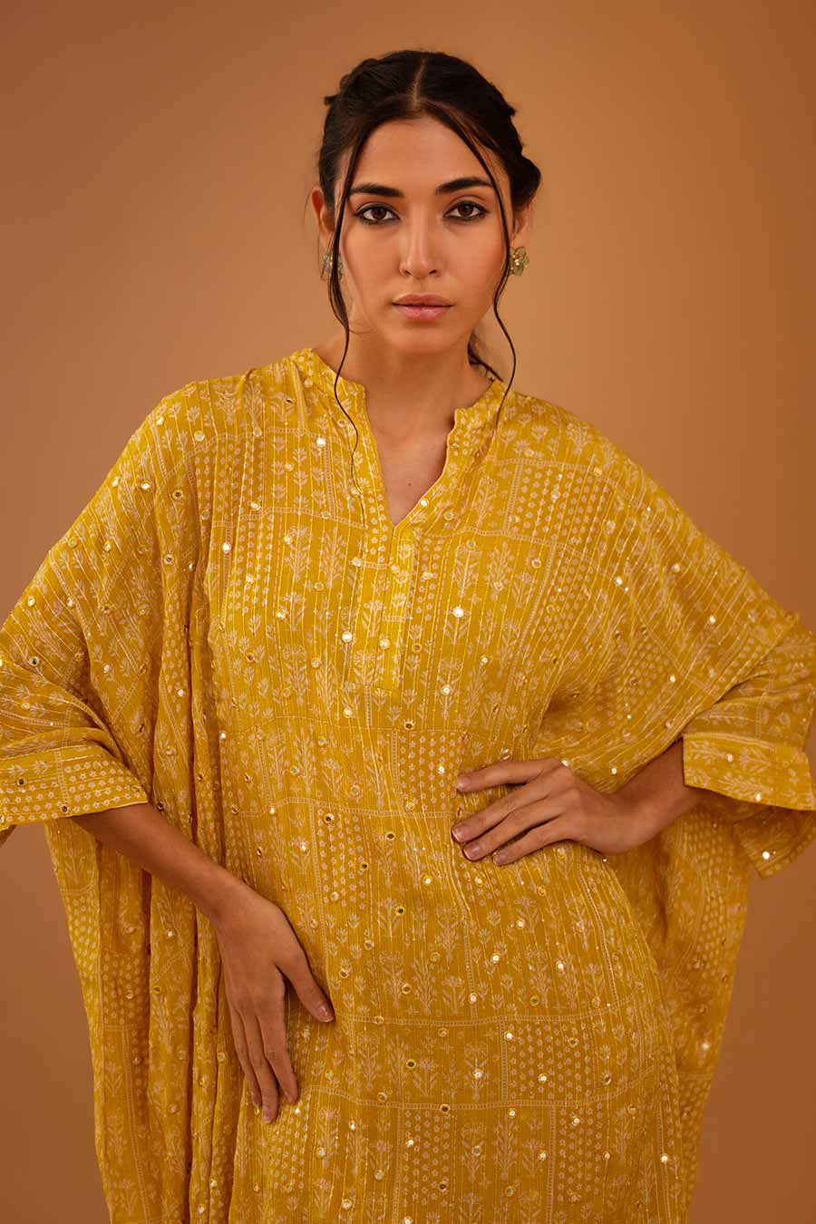 Yellow Mirror Work Short Kaftan & Pant Set