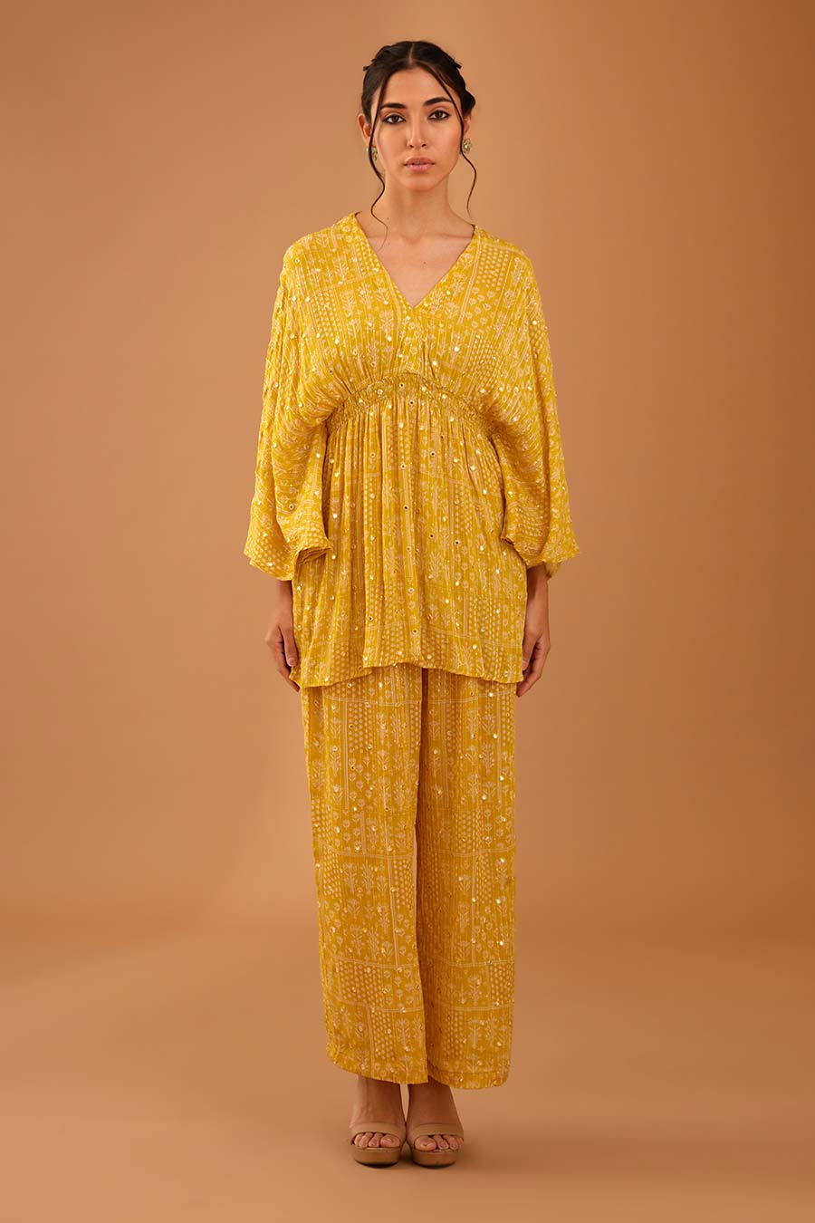 Yellow Mirror Work Smocked Top & Pant Set