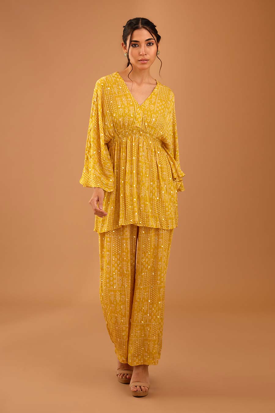 Yellow Mirror Work Smocked Top & Pant Set