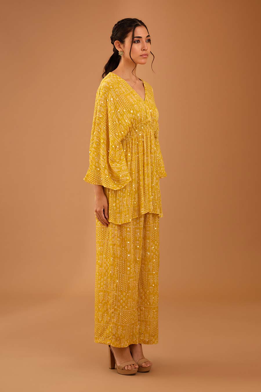 Yellow Mirror Work Smocked Top & Pant Set