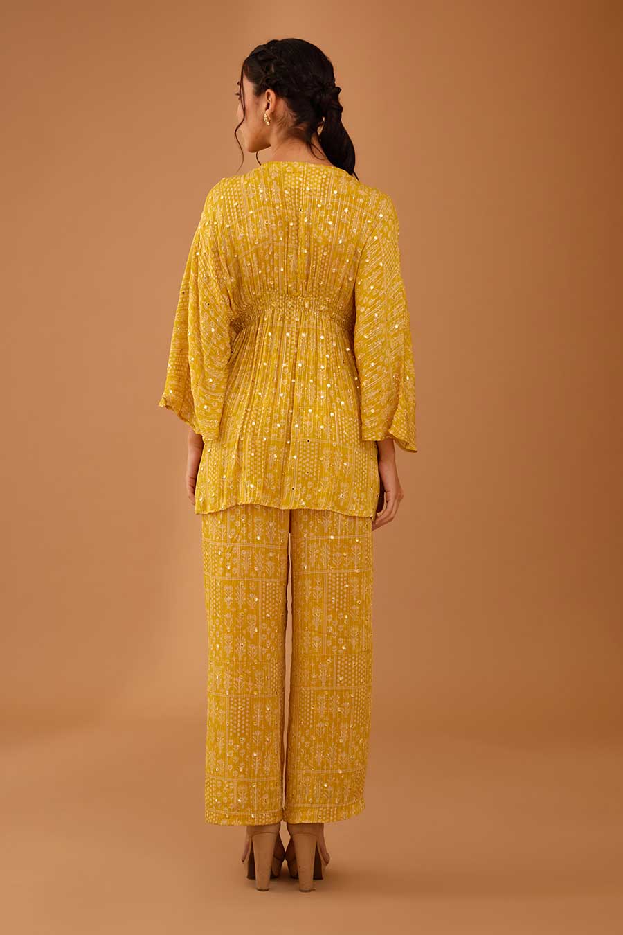 Yellow Mirror Work Smocked Top & Pant Set