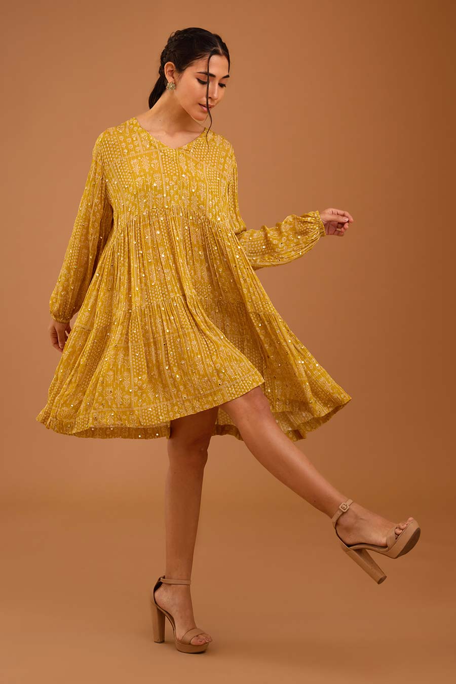 Yellow Mirror Work Short Tier Dress