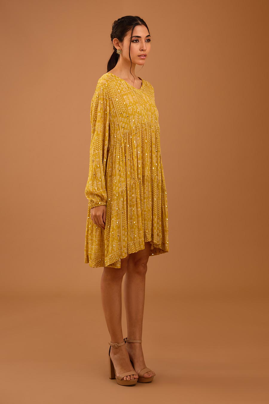 Yellow Mirror Work Short Tier Dress