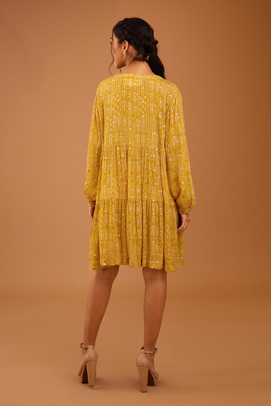 Yellow Mirror Work Short Tier Dress