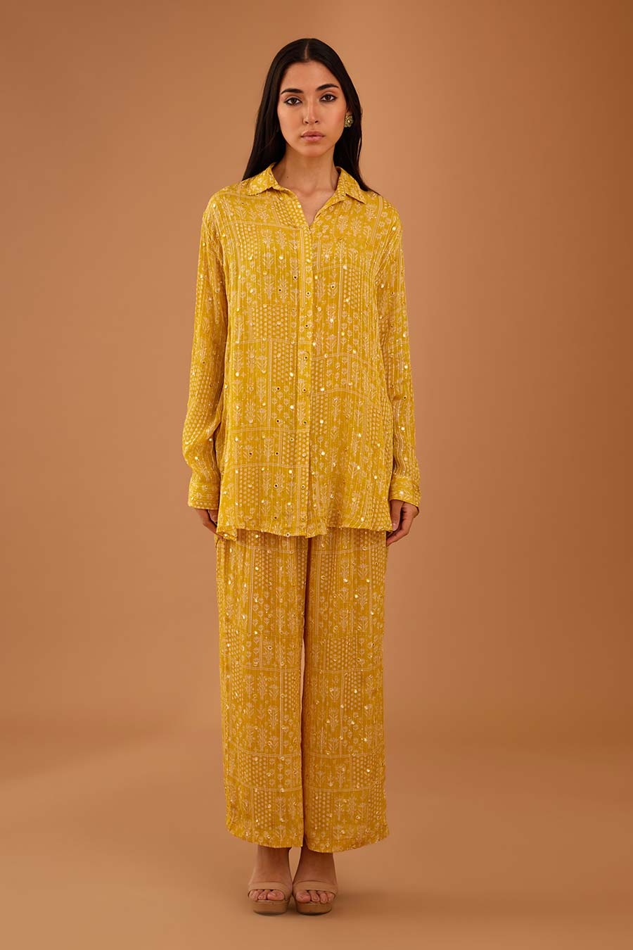 Yellow Mirror Work Shirt & Pant Set