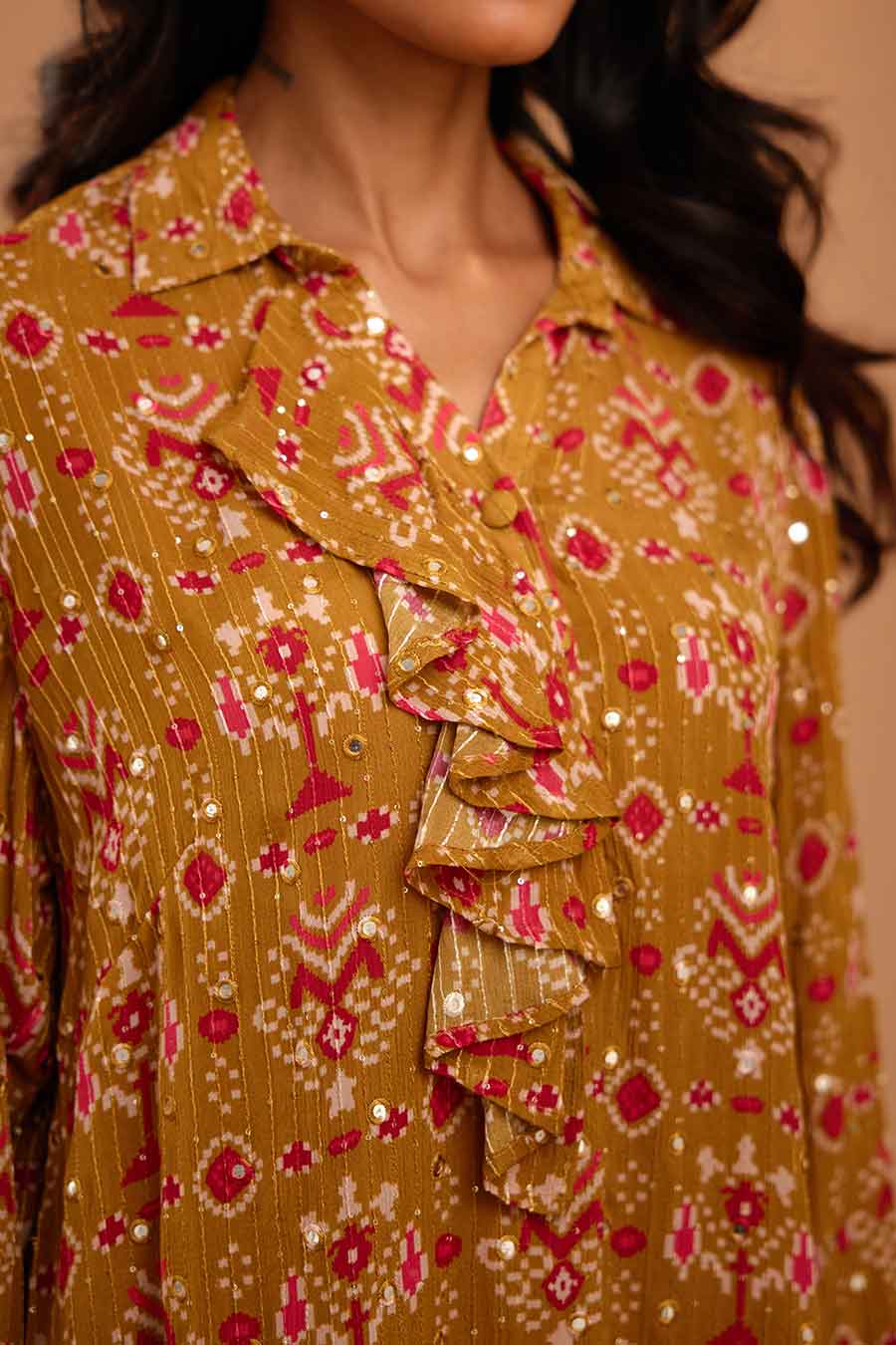 Olive Mirror Work Bella Shirt & Pant Set