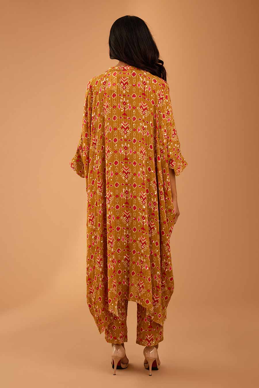 Olive Mirror Work Long Kaftan & Pant Set