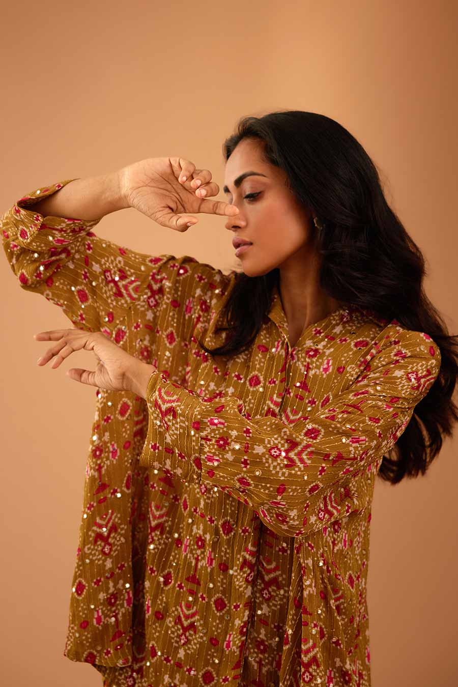 Olive Mirror Work MJ Shirt & Pant Set