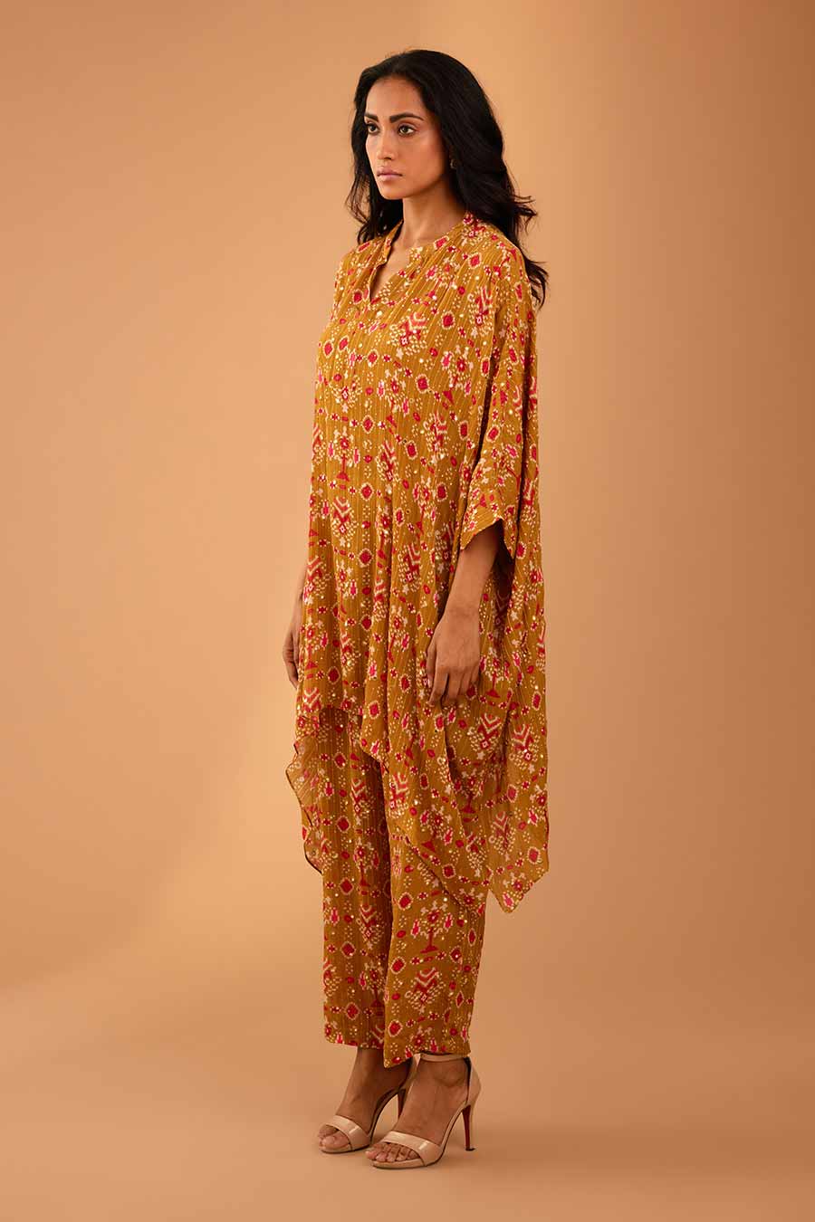 Olive Mirror Work Short Kaftan & Pant Set