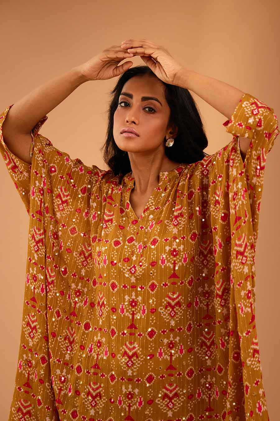 Olive Mirror Work Short Kaftan & Pant Set