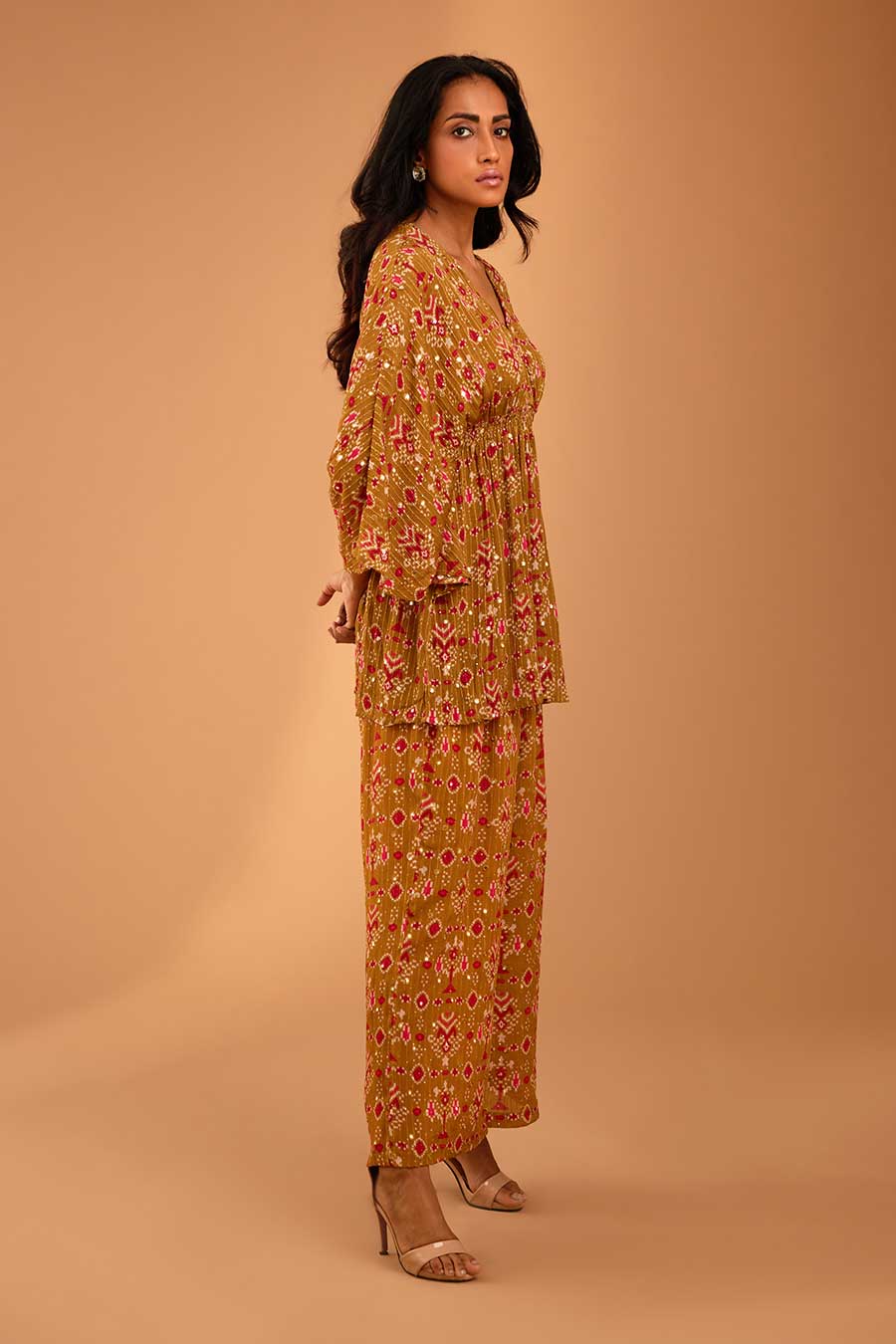 Olive Mirror Work Smocked Top & Pant Set