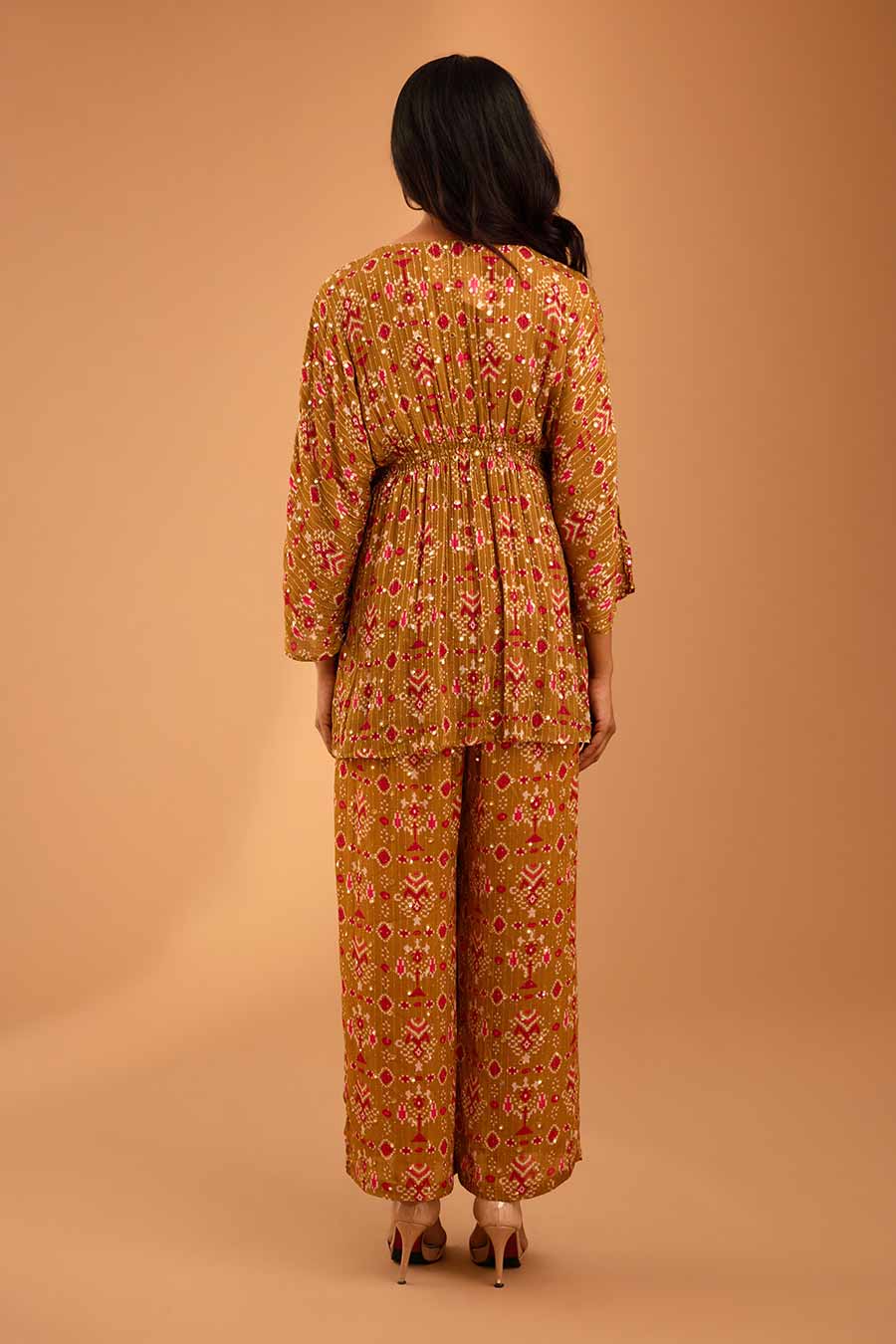 Olive Mirror Work Smocked Top & Pant Set