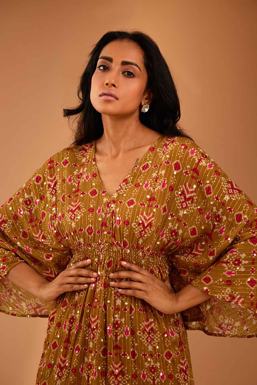 Olive Mirror Work Smocked Top & Pant Set