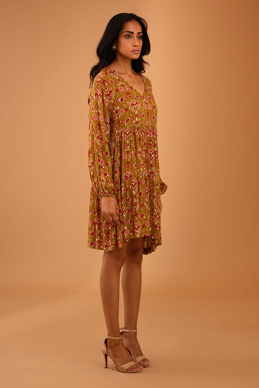 Olive Mirror Work Short Tier Dress