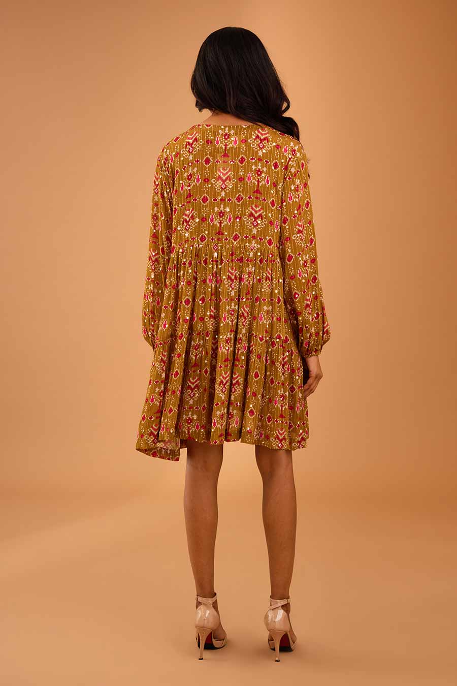Olive Mirror Work Short Tier Dress