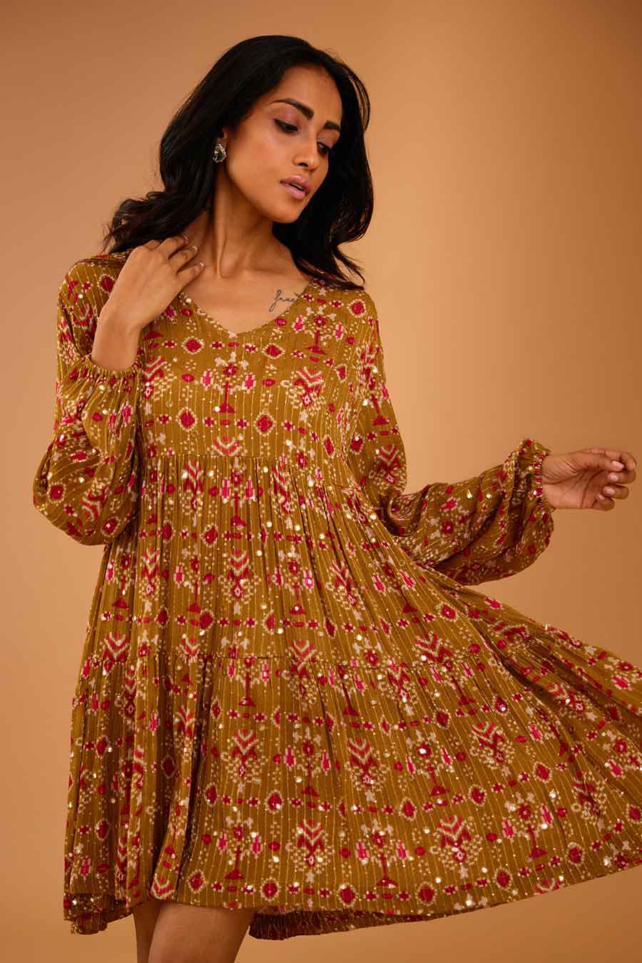 Olive Mirror Work Short Tier Dress