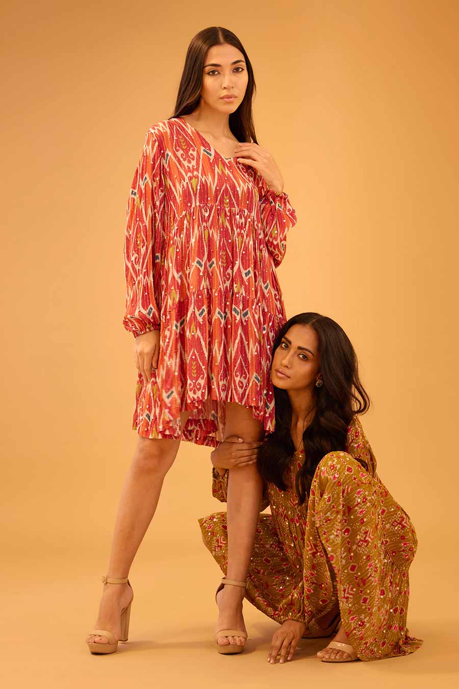 Olive Mirror Work Short Tier Dress
