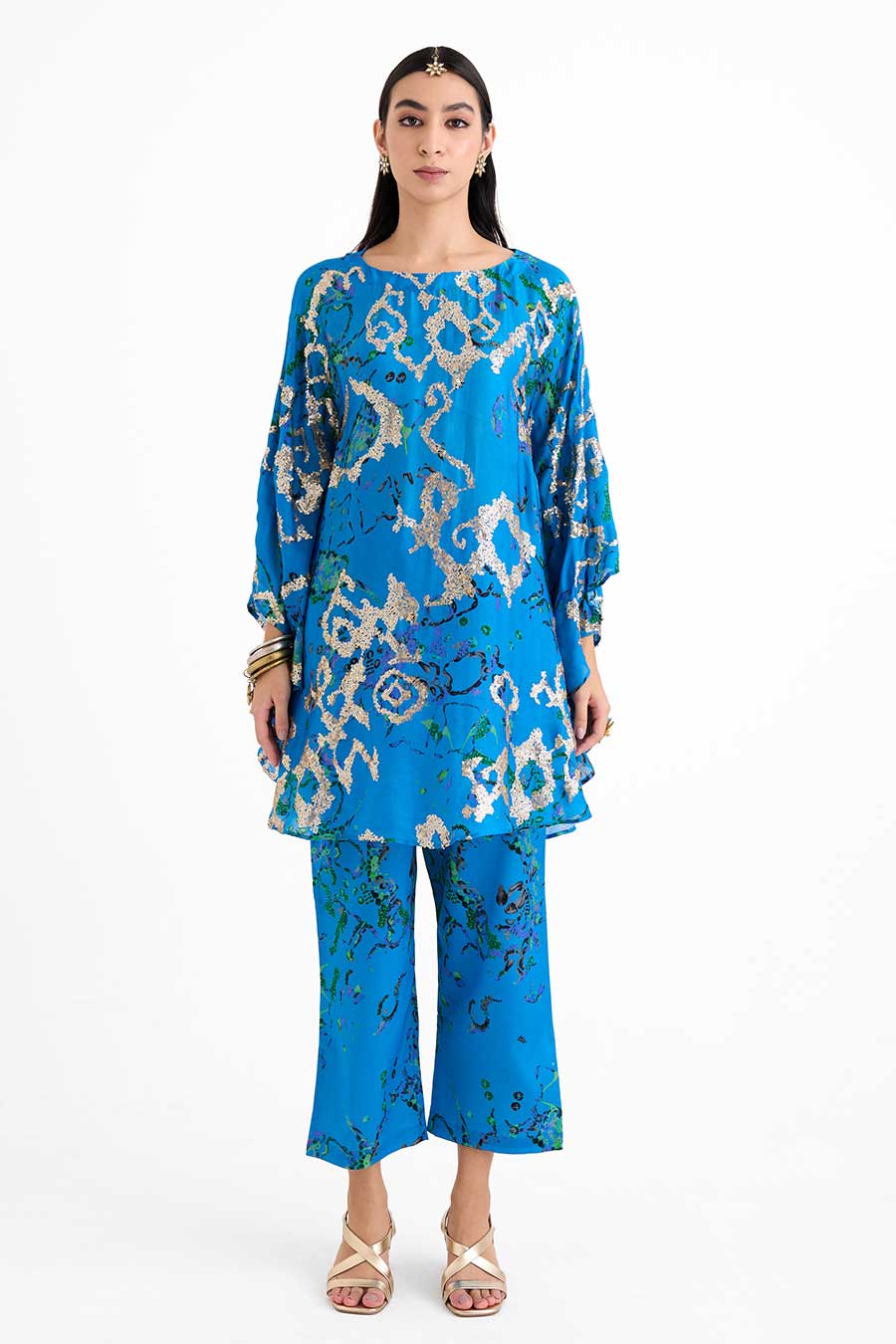 Sequin Embellished Blue Capri Co-Ord Set