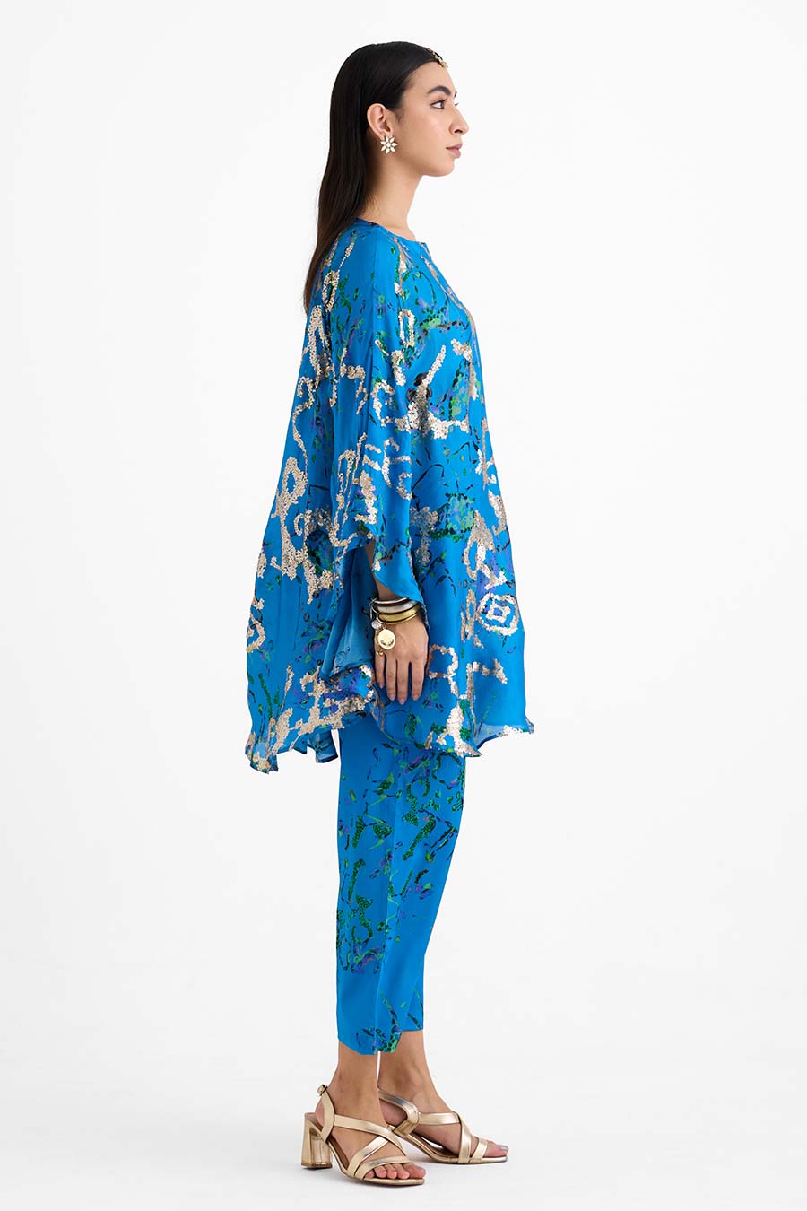 Sequin Embellished Blue Capri Co-Ord Set