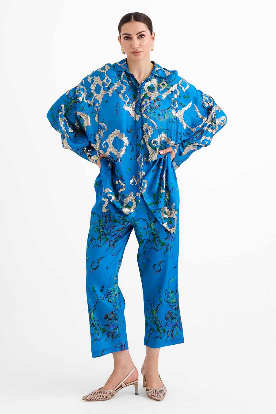 Sequin Embellished Blue Cuff Shirt Co-Ord Set