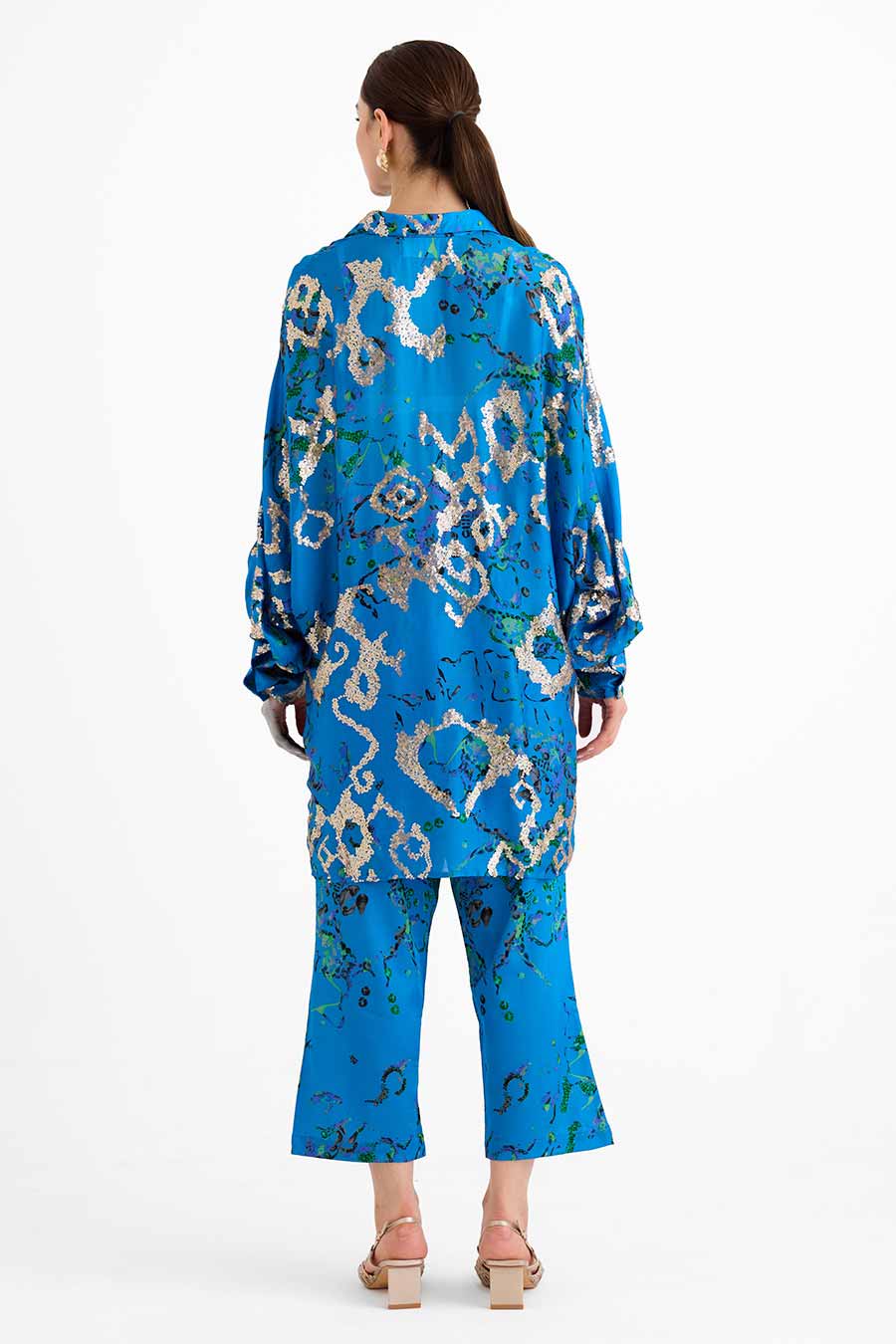 Sequin Embellished Blue Cuff Shirt Co-Ord Set