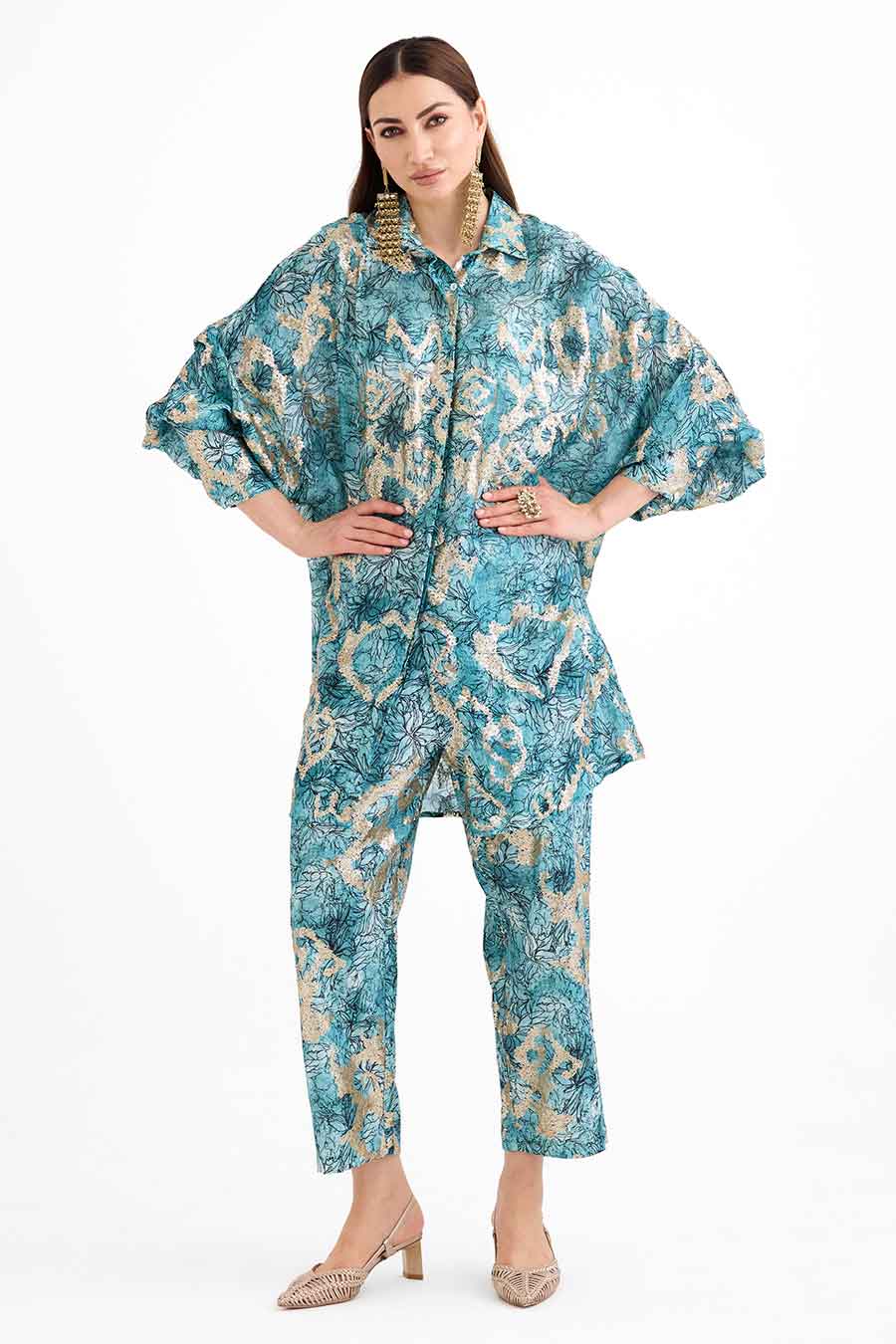 Sequin Embellished Marine Cuff Shirt Co-Ord Set