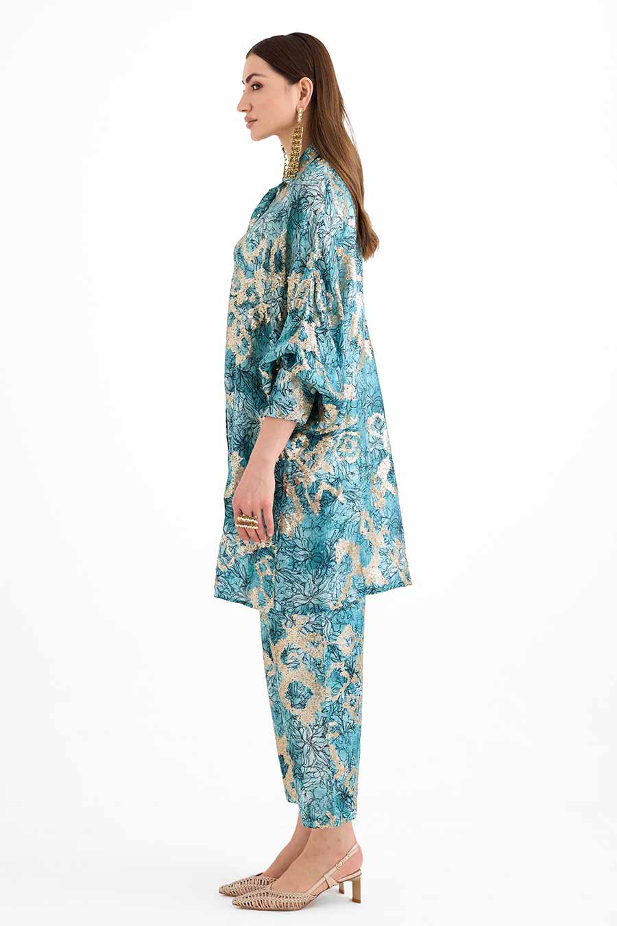Sequin Embellished Marine Cuff Shirt Co-Ord Set
