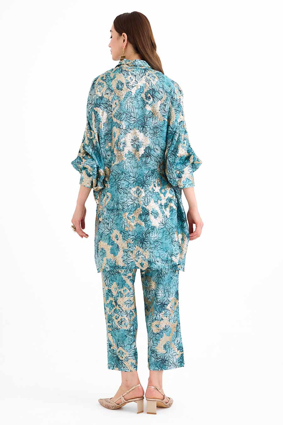 Sequin Embellished Marine Cuff Shirt Co-Ord Set