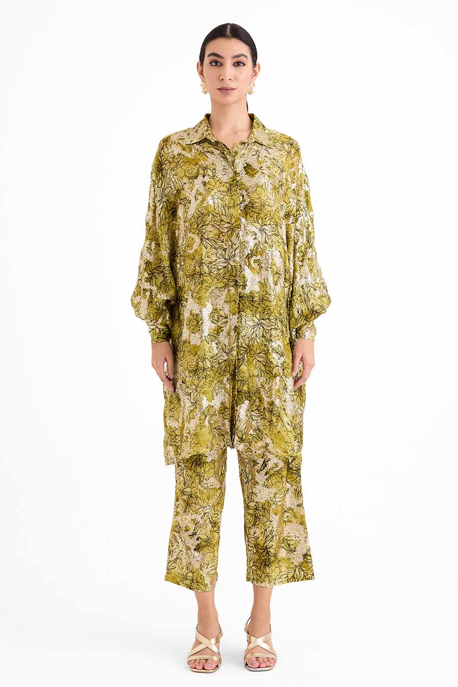 Sequin Embellished Green Cuff Shirt Co-Ord Set