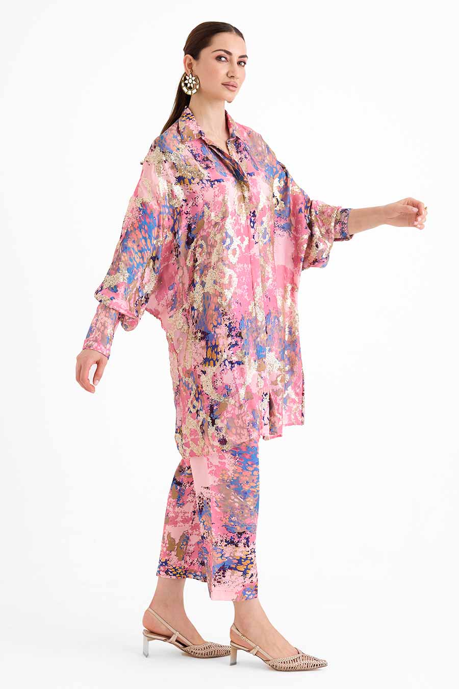 Sequin Embellished Pink Cuff Shirt Co-Ord Set