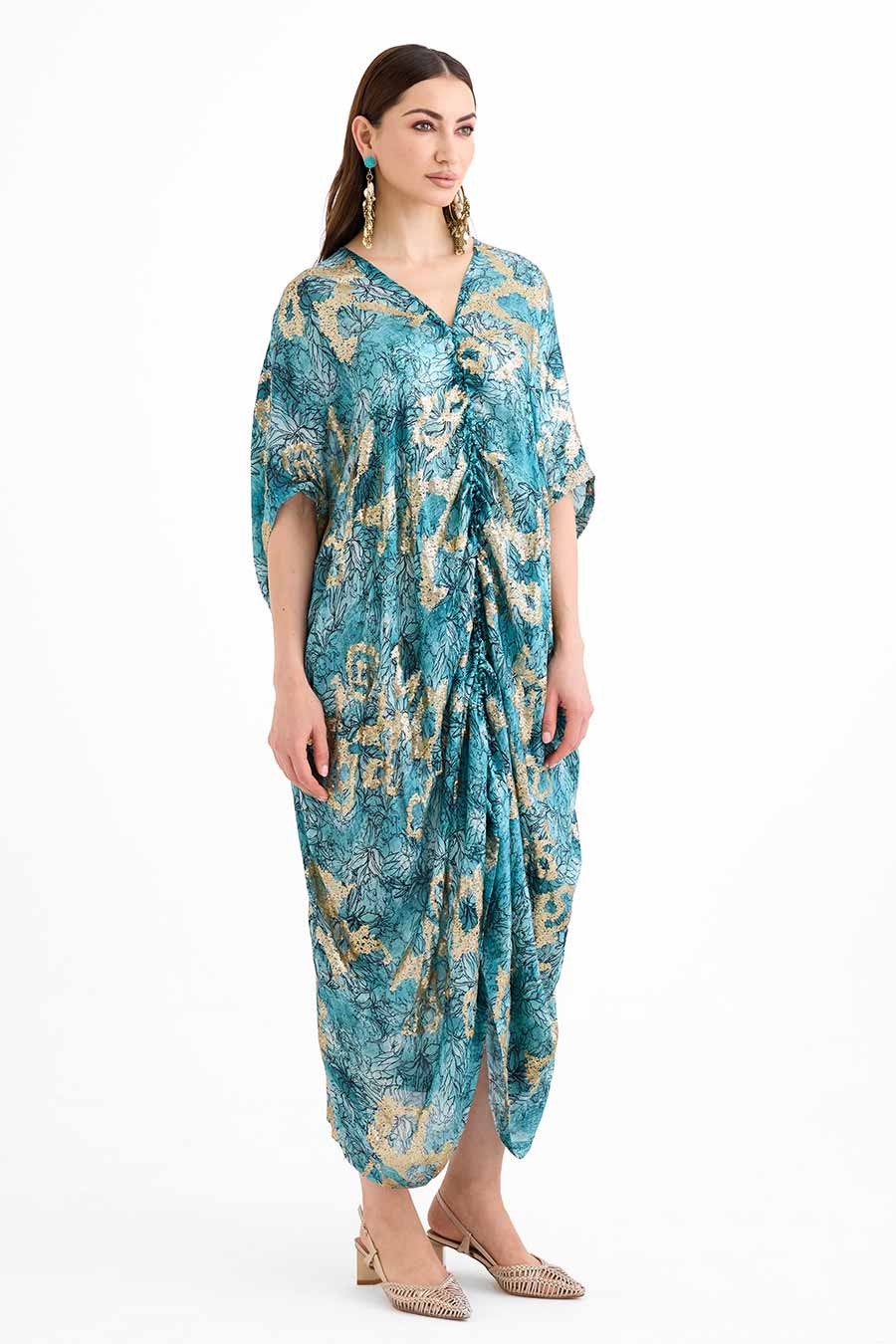 Sequin Embellished Marine Drawstring Kaftan